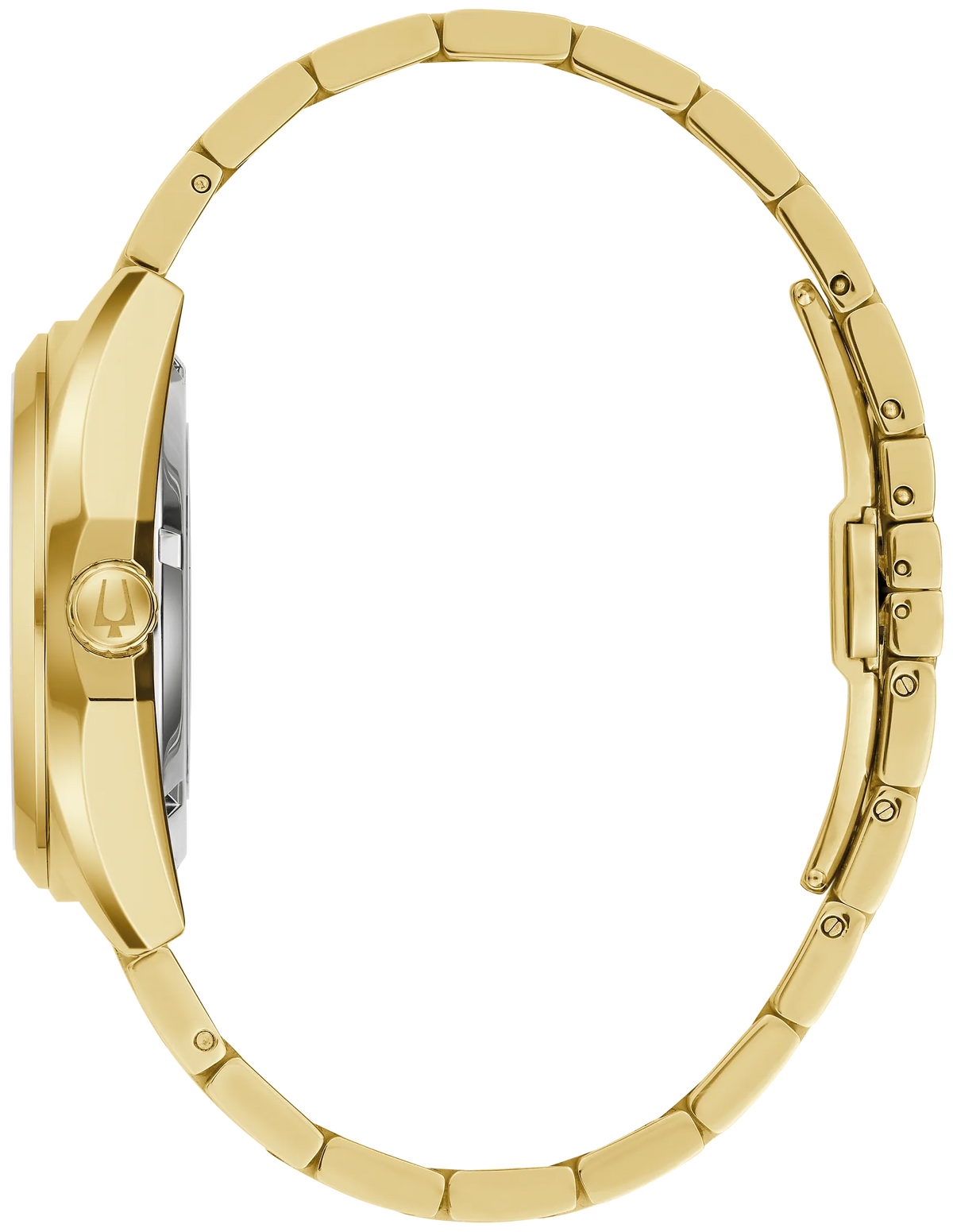 Bulova Surveyor 97A203 automatic men's watch with blue dial and gold-tone stainless steel bracelet — detail view