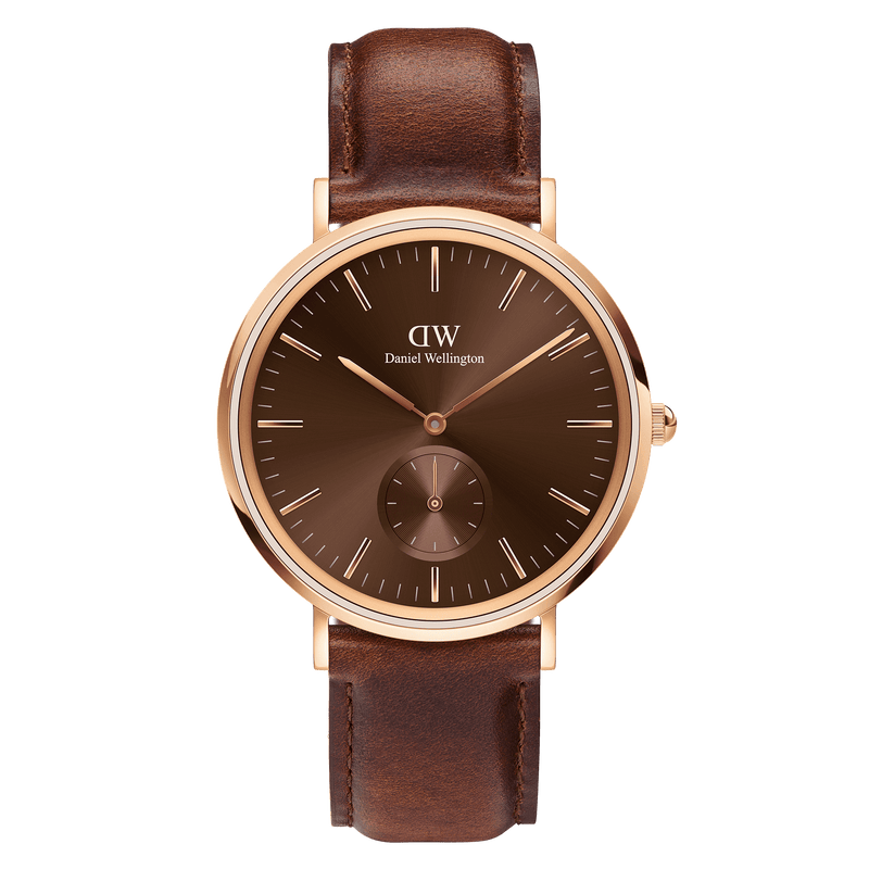 Elegant wristwatch with a brown leather strap and rose gold-toned case.