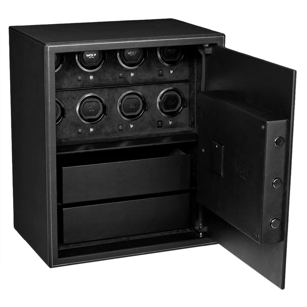 Wolf The Den 8 Piece Watch Winder Safe Black 430802 interior with winders and storage trays