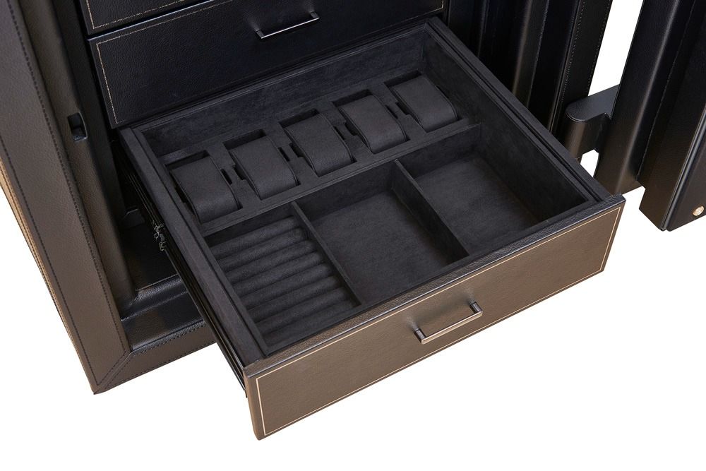 WOLF Athos 16 Piece Watch Winder Safe in Black, open LusterLoc drawer with ultrasuede trays