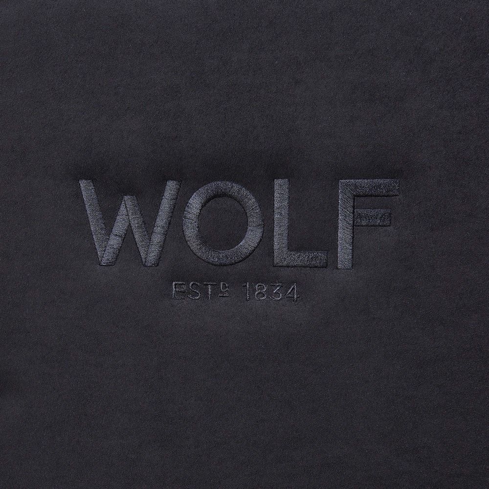 WOLF Athos 16 Piece Watch Winder Safe in Black, embossed WOLF logo on the ultrasuede lining