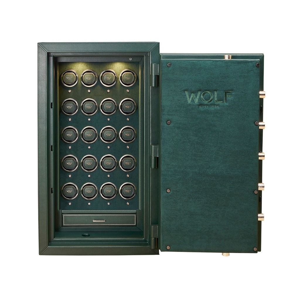 WOLF Athos 20 Piece Watch Winder Safe in Green, front view with the door open