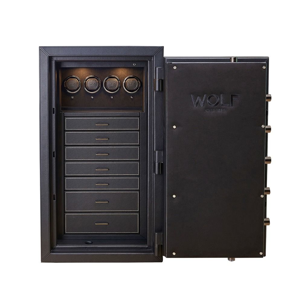 WOLF Athos 4 Piece Watch Winder Safe in Black, front view with the door open