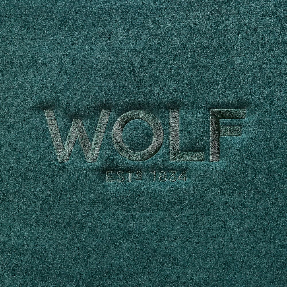 WOLF Athos 8 Piece Watch Winder Safe in Green, embossed WOLF logo on the ultrasuede lining