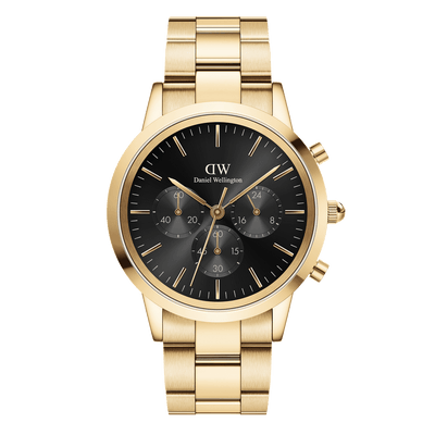 Gold-toned wristwatch with a black dial and chronograph subdials.