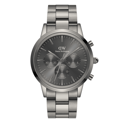 Stainless steel chronograph wristwatch with a dark gray dial and three subdials.