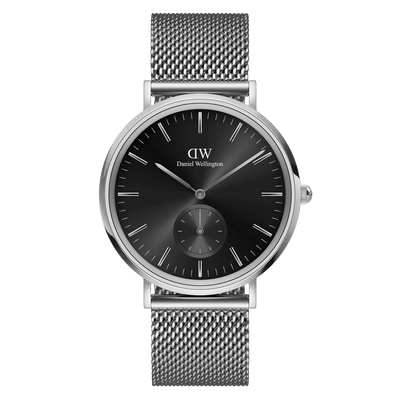 Sleek silver wristwatch with a black dial and mesh metal band.