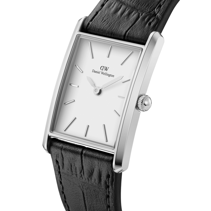 Rectangular silver wristwatch with a white face and black leather strap.