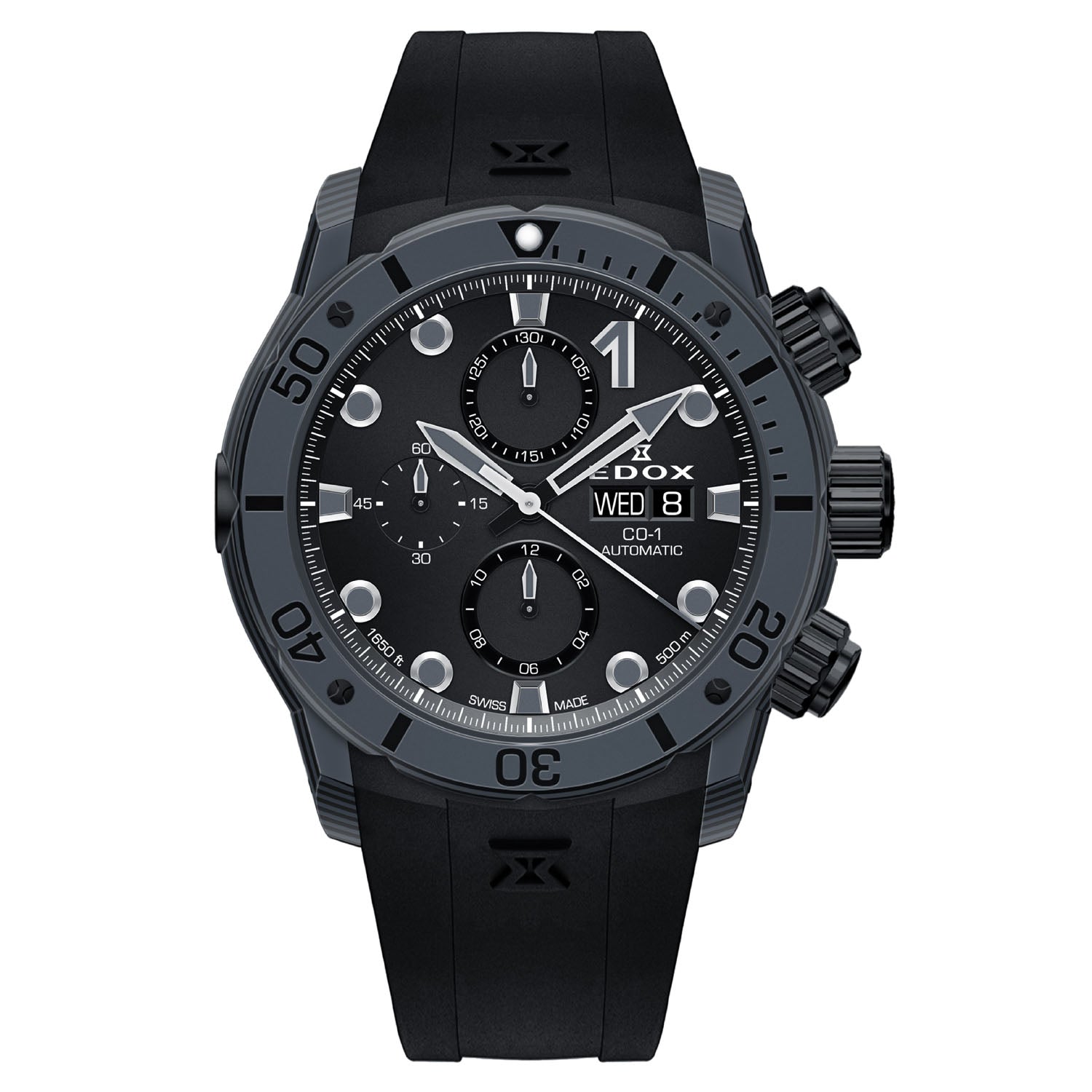 Black sports watch with a chronograph dial and rubber strap.