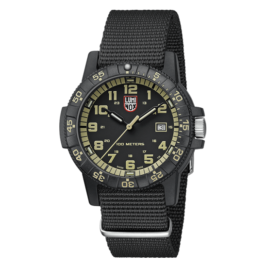 Rugged black military-style wristwatch with luminous green markings and a fabric strap.