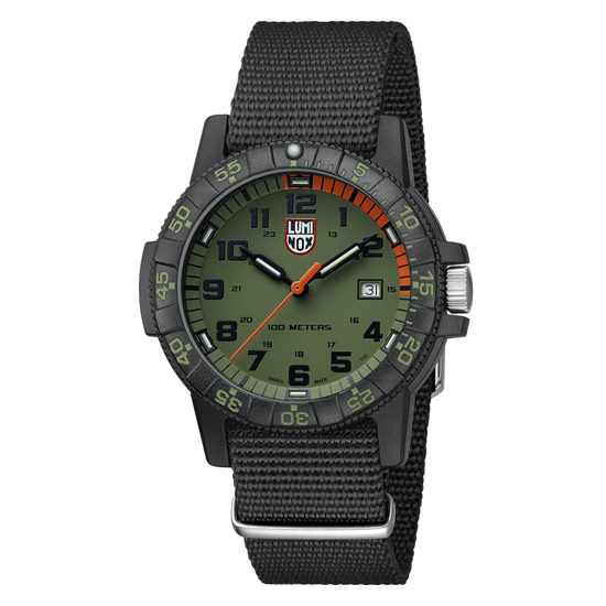 Rugged military-style wristwatch with a green dial and black nylon strap.