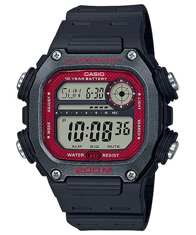 Digital sports watch with a black resin band and red-framed display.