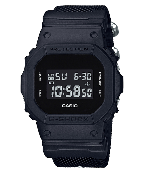 Black digital G-Shock watch with a square face and fabric strap.