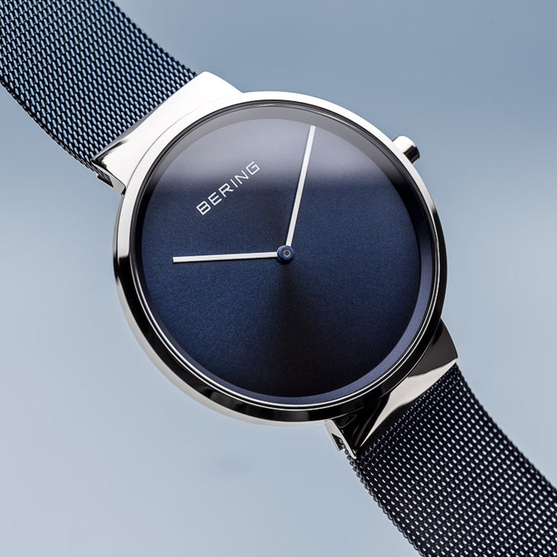 Bering Classic Brushed Silver Blue Milanese Mesh Watch