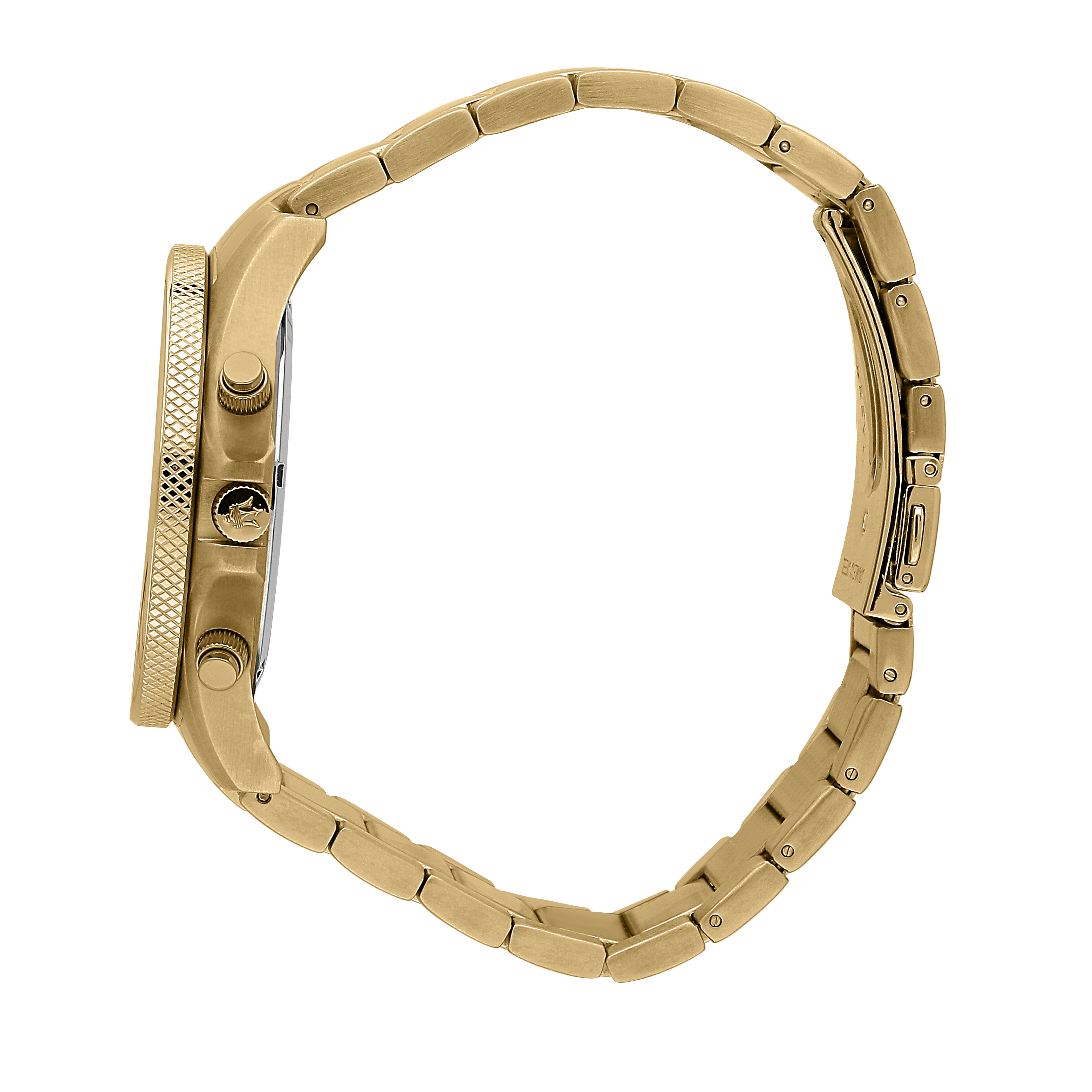 Gold-toned wristwatch with a metal link band.