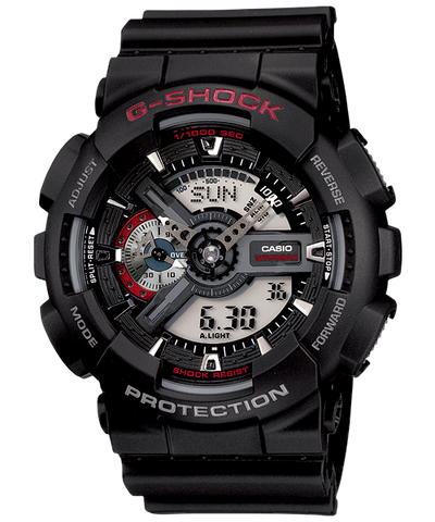 G-Shock watch with a black resin band and complex digital-analog display.