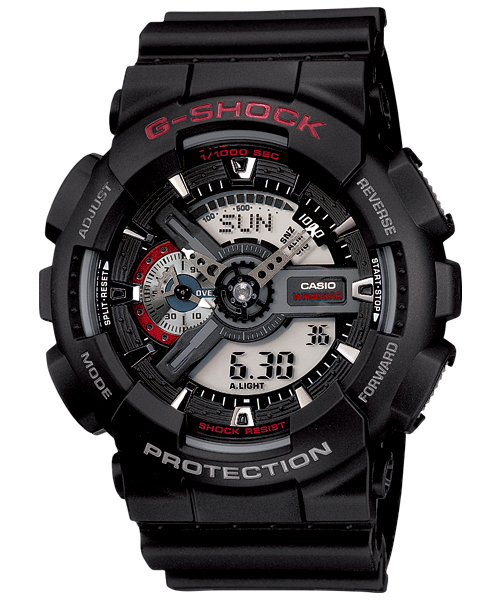 G-Shock watch with a black resin band and complex digital-analog display.