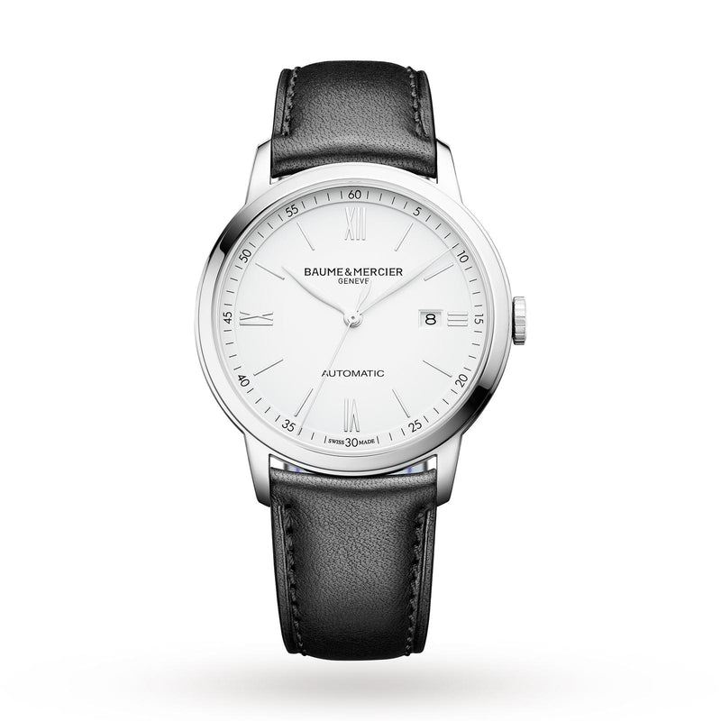 Elegant silver wristwatch with a white dial and black leather strap.