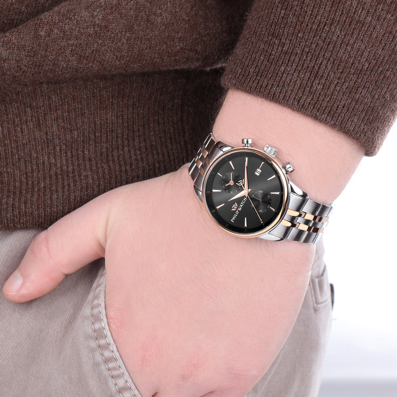 Stainless steel wristwatch with a black dial and metal bracelet.