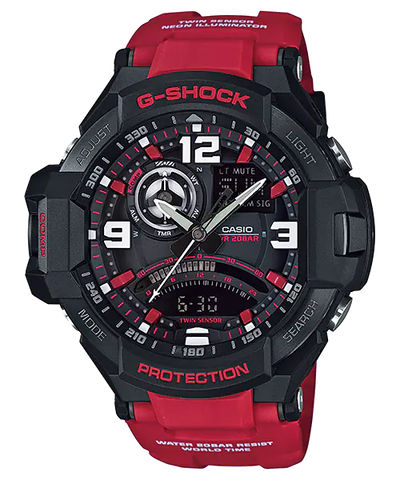 G-Shock wristwatch with a black face and red accents on a red band.