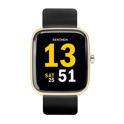 Smartwatch with a square display showing the time 13:51 and date SAT 25.