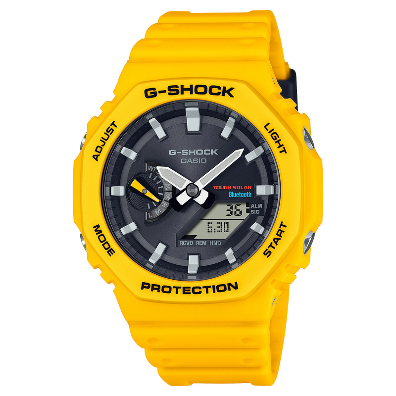 Bright yellow G-Shock wristwatch with a black analog-digital display face.