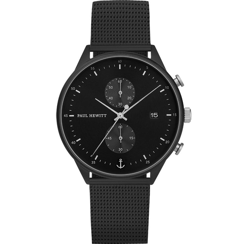 Sleek black wristwatch with a chronograph display and mesh band.