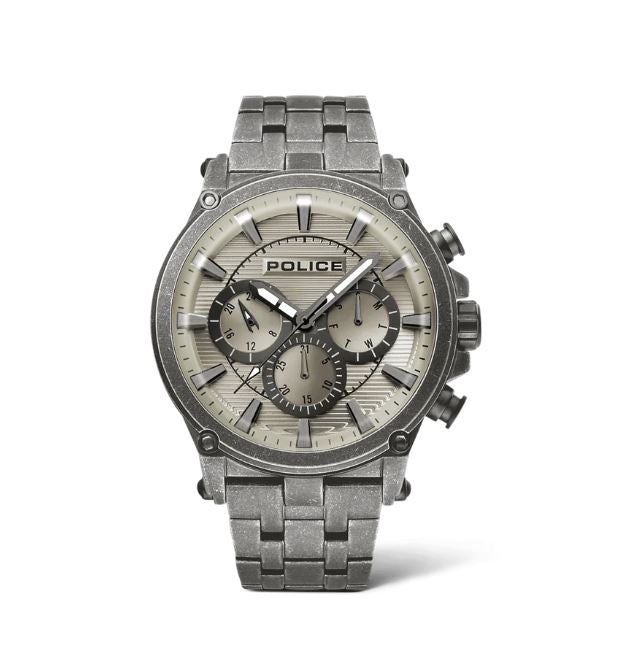 Stainless steel chronograph wristwatch with ’Police’ branding on the dial.