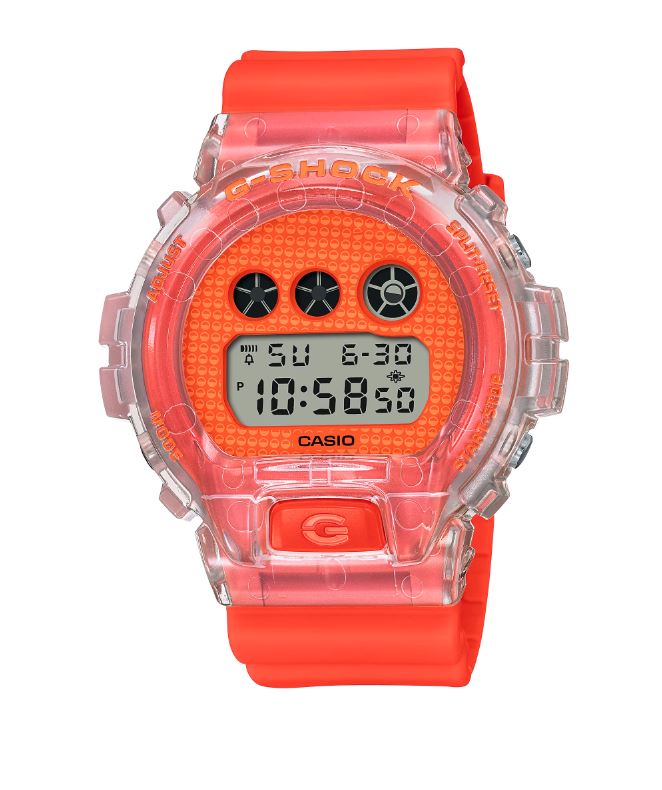 Transparent and orange digital wristwatch with a round face and multiple display features.