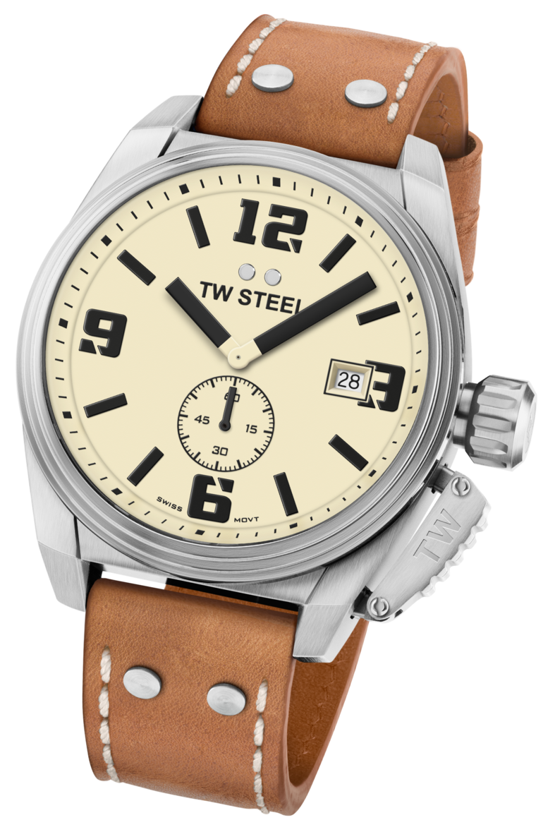 Wristwatch with a cream-colored dial, brown leather strap, and silver-toned case.