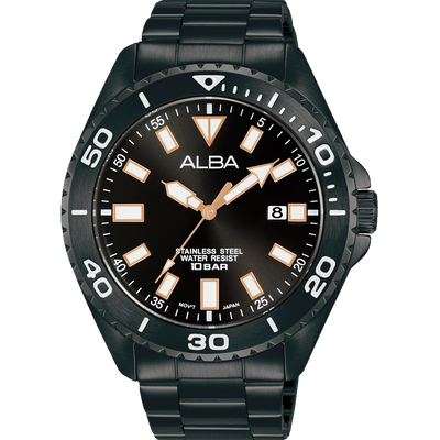 Black wristwatch with a rotating bezel and luminous hour markers on the dial.