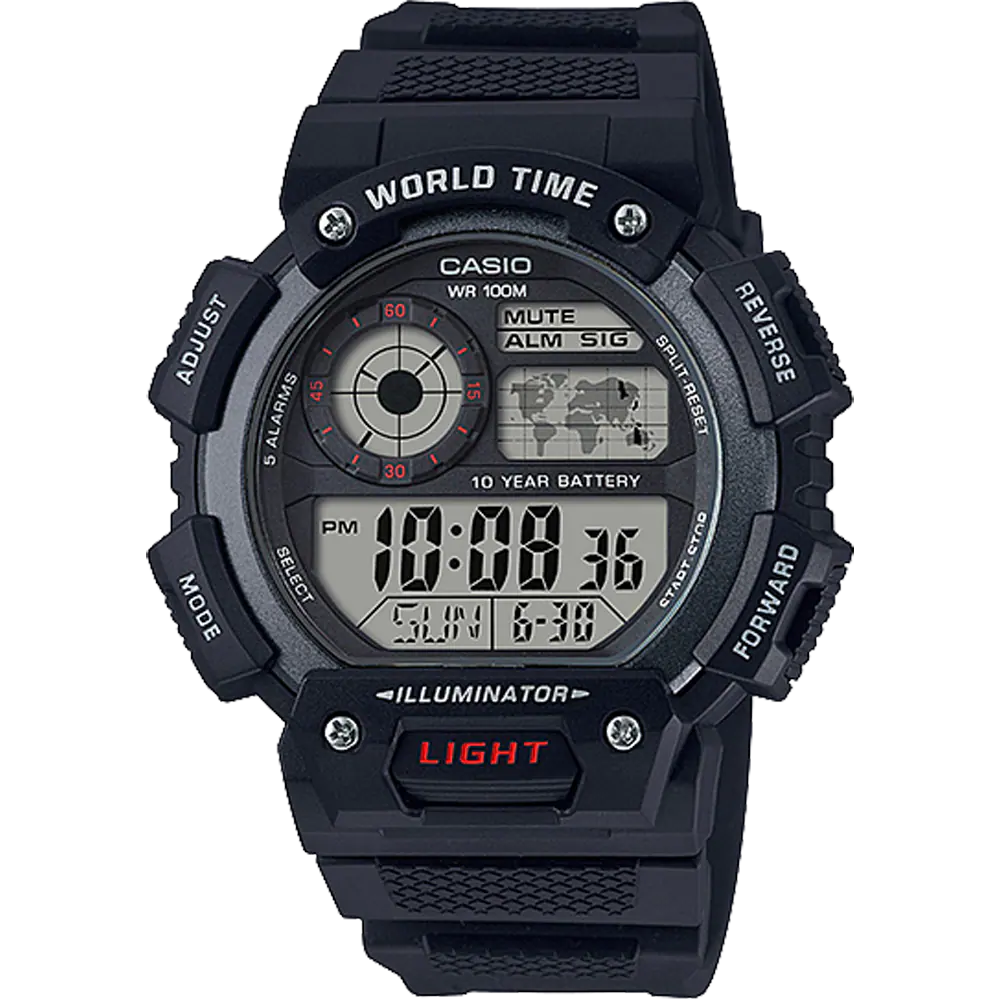 Rugged black Casio digital watch with multiple display features and a ’World Time’ label.