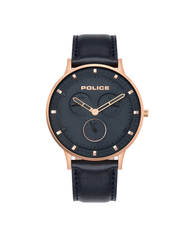 Elegant wristwatch with a black face and rose gold accents on a black leather strap.