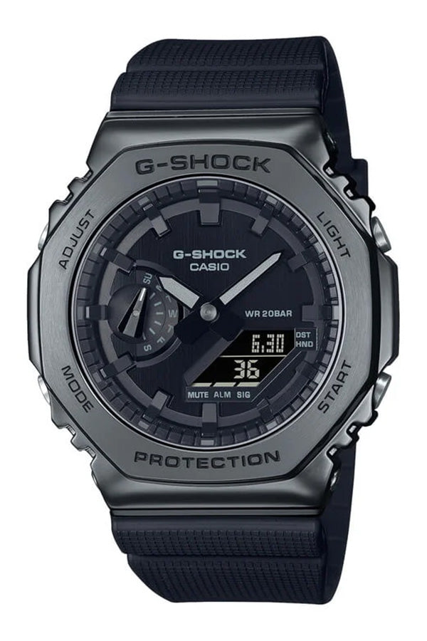 G-Shock digital wristwatch with a dark gray metal case and black band.