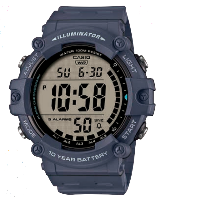 Digital sports watch with a rugged blue-gray design and large display.