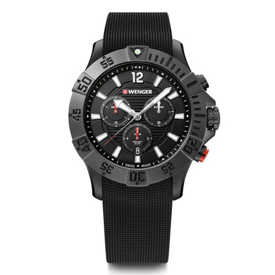 Black sports watch with a textured rubber strap and multiple subdials on the face.