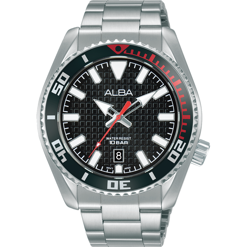 Stainless steel diver’s watch with a black dial and red accents on the bezel.