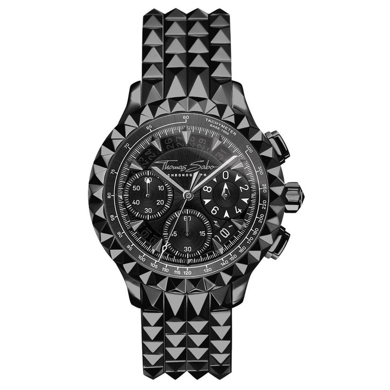 Stylish black chronograph wristwatch with a textured pyramid pattern on the band and bezel.