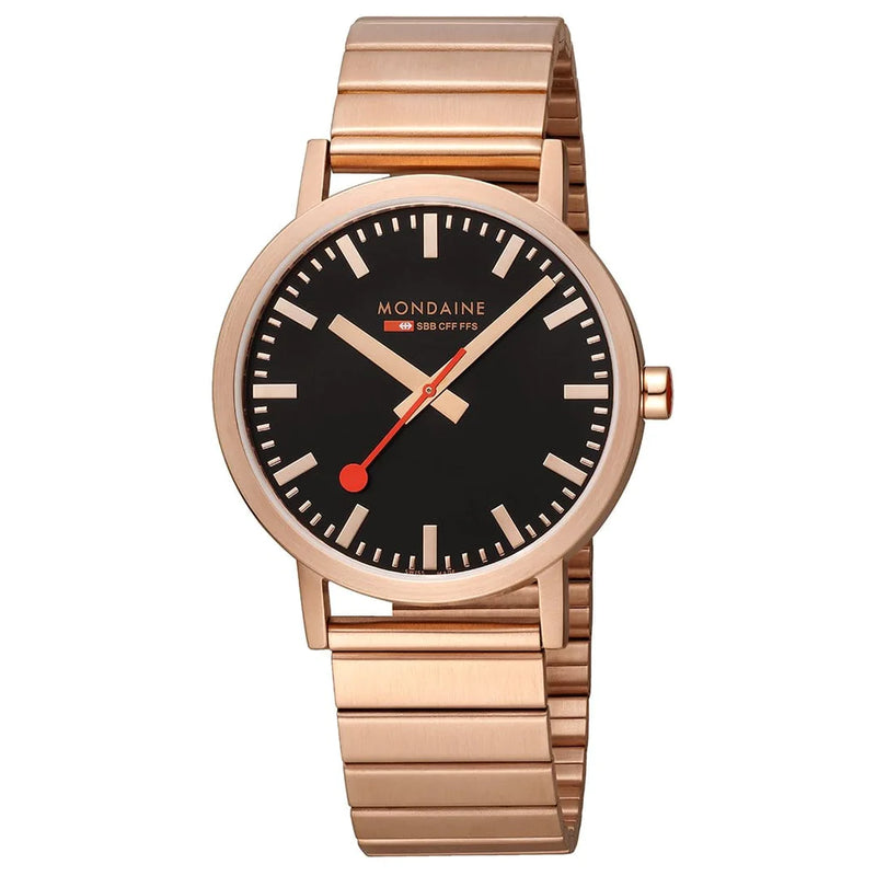 Rose gold wristwatch with a black dial and minimalist design.