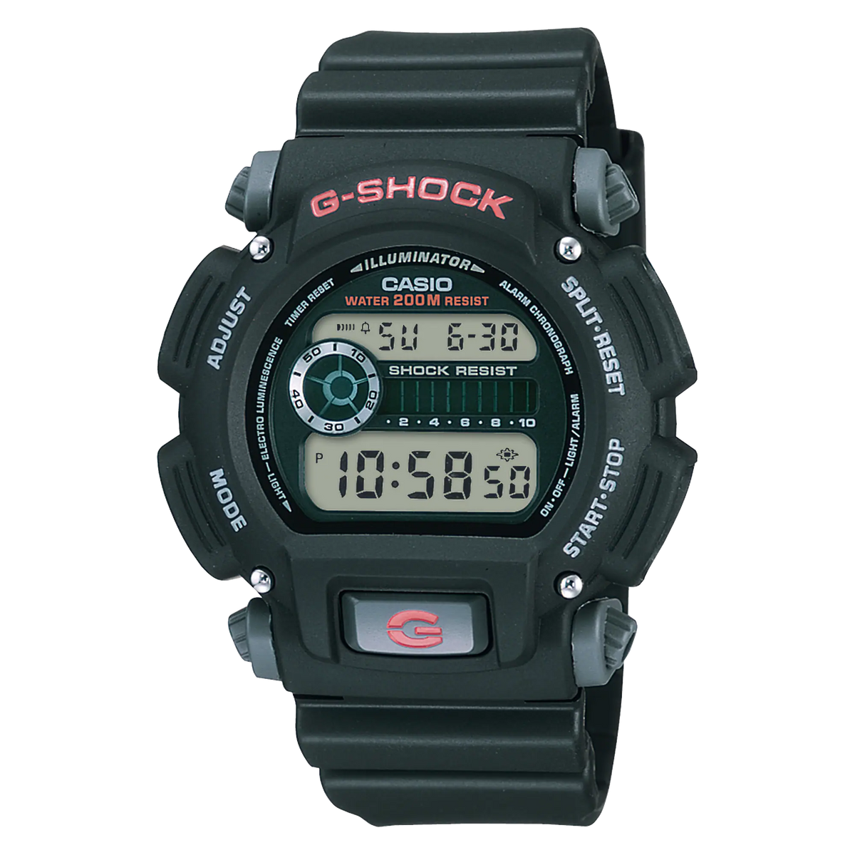 Black G-Shock digital wristwatch with a rugged design and multiple display features.