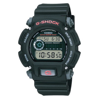 Black G-Shock digital wristwatch with a rugged design and multiple display features.