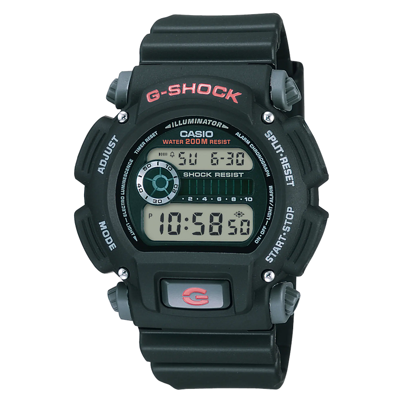 Black G-Shock digital wristwatch with a rugged design and multiple display features.