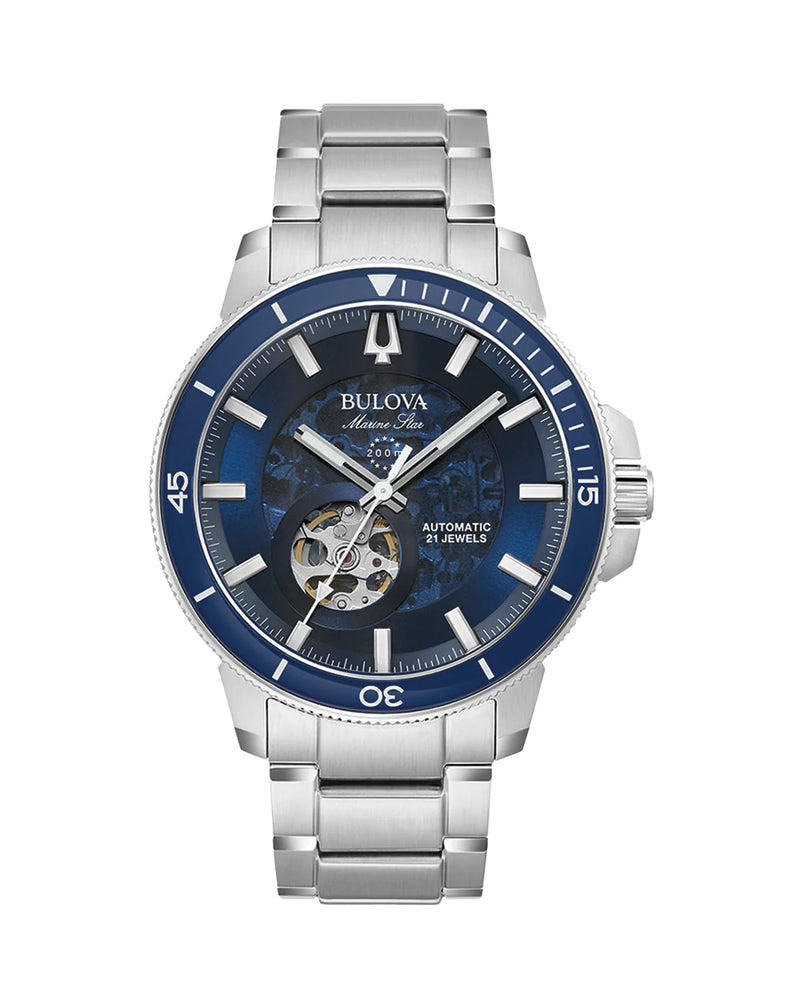 Stainless steel wristwatch with a blue dial and visible mechanical movement.