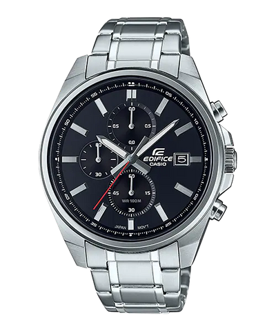 Stainless steel Casio Edifice chronograph wristwatch with a black dial and silver bracelet.