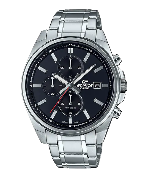 Stainless steel Casio Edifice chronograph wristwatch with a black dial and silver bracelet.