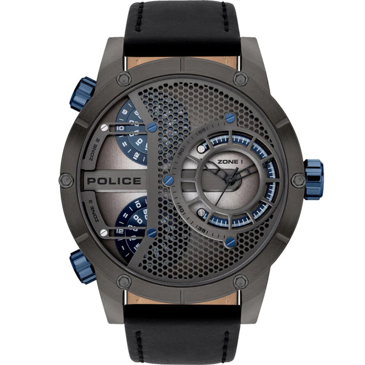 Stylish men’s wristwatch with a complex dial design and black leather strap.