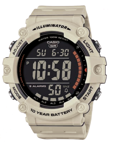 Rugged digital wristwatch with a light-colored band and multiple functions displayed on the face.