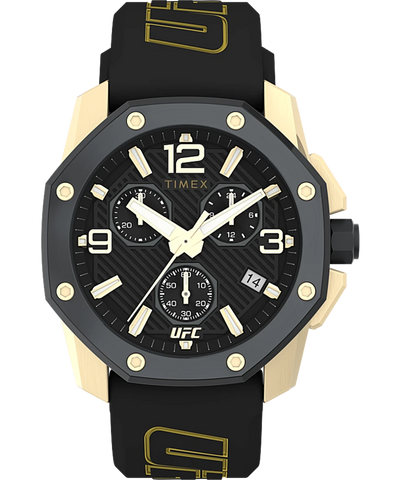 Timex wristwatch with a black and gold color scheme featuring a chronograph design.