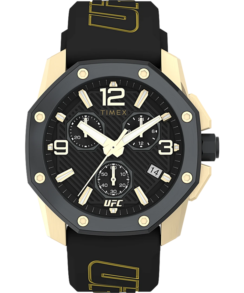 Timex wristwatch with a black and gold color scheme featuring a chronograph design.