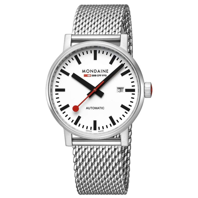 Sleek silver wristwatch with a white face and red accents on a mesh metal band.